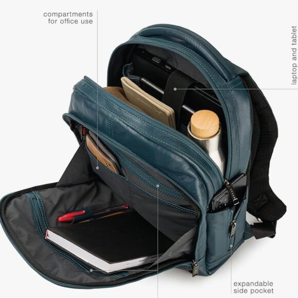 VELEZ Blue Leather Backpack -14 inch Laptop Bag - Water Resistant Backpack - Picture 6 of 8
